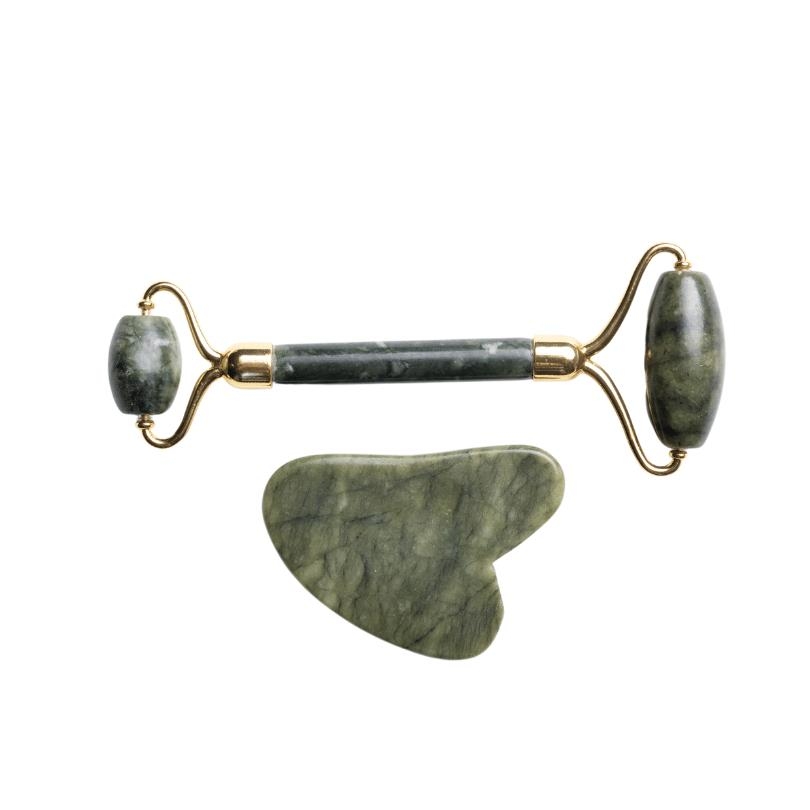 Doğal Yeşim Taşı Roller ve Kalp Gua Sha Yüz Masaj Aleti Seti - Therapium Naturalis