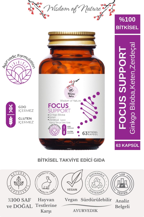 FOCUS SUPPORT Ginko Bloba,Keten,Zerdeçal İçeren Takviye Edici Gıda 63 Bitkisel Tablet - Hikona Heka