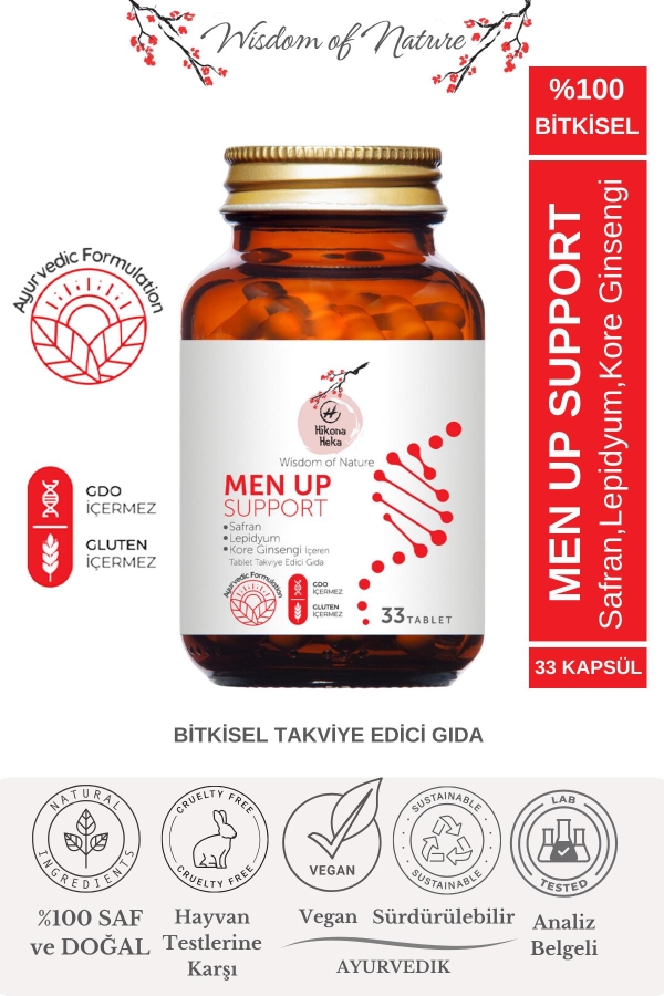 MEN UP SUPPORT Safran,Lepidyum ve Kore Ginsengi İçeren Takviye Edici Gıda 33 Bitkisel Tablet - Hikona Heka
