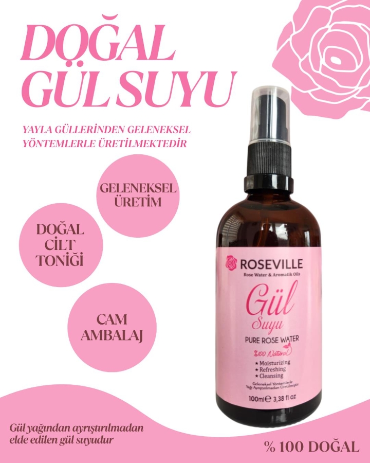 Roseville Gül Suyu Cam Şişe 100 ml % 100 Saf ve Doğal Sprey Başlıklı - Roseville